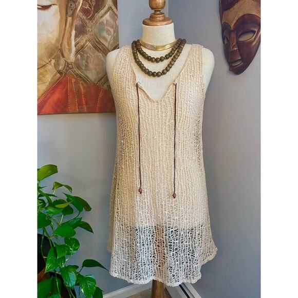 Bohemian Crocheted/ Fishnet style Sheer Shirt Dress/Beach Coverup - Picture 2 of 7